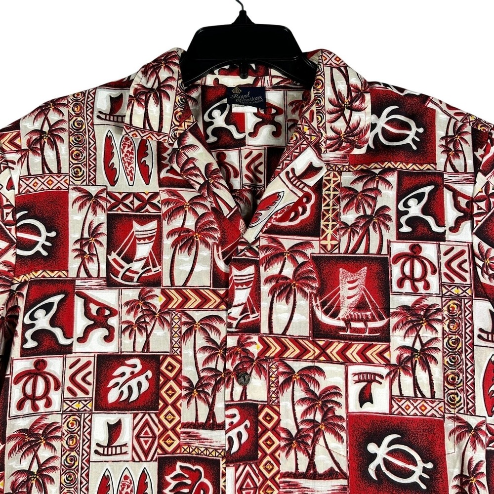 VINTAGE Royal Creations Hawaiian Shirt Mens M Red Tribal Tiki Made in Hawaii